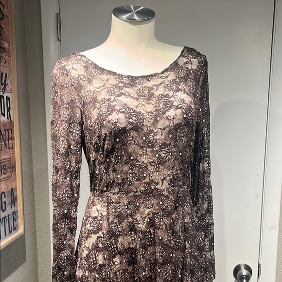 Adore Brown Tan Asymmetrical Gown with Bishop Sleeves - Picture 2 of 16